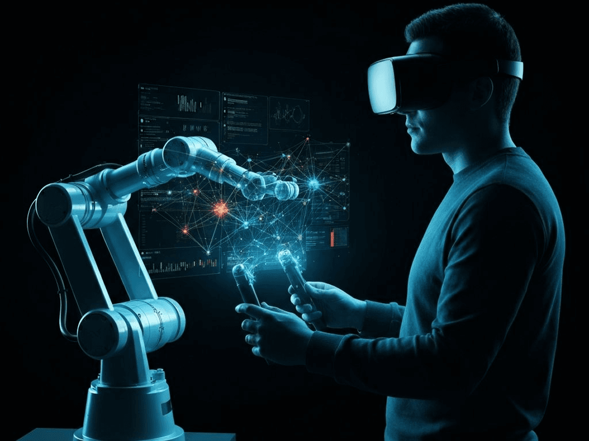 Enterprise XR headset controlling a robotic arm in a teleoperation workflow