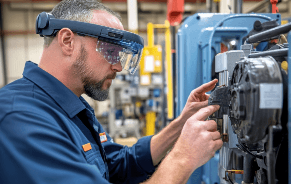 Factory worker using augmented reality guidance on the shop floor